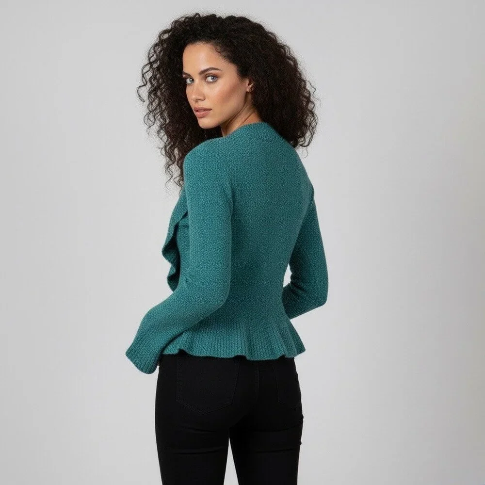VTG Victoria’s Secret Teal V-Neck Ruffled Knit Cardigan S| Cottagecore Fairy Y2K - Picture 6 of 14
